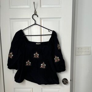 Oasis Black Embroidered Puff-Sleeve Blouse